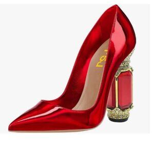 FSJ Red Bridal Pointed Toe Chunky High Heel Crystal Pumps Slip on Wedding Shoes